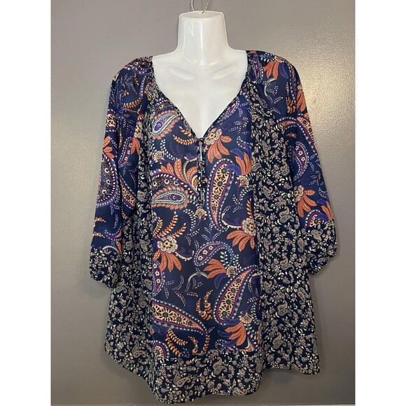 Chaps Shirt Womens Medium Blue Paisley Boho Tunic Top 3/4 Sleeve Lightweight - Picture 1 of 6